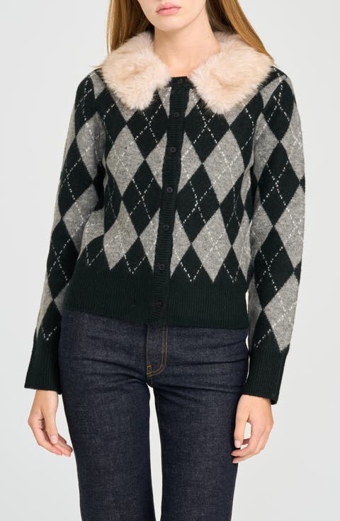 x Rose Lola Campbell Argyle Cardigan with Faux Fur Collar