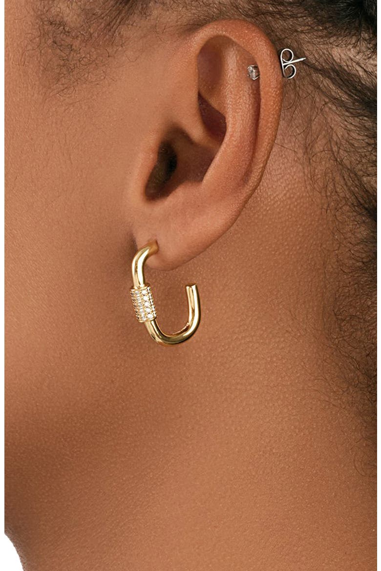 Pavé Cubic Zirconia Oval Carabiner Hoop Earrings, Alternate, color, GOLD