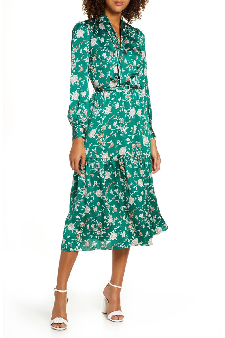Floral Long Sleeve Satin Shirtdress, Main, color, GREEN FLORAL
