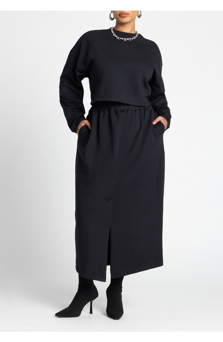 ELOQUII Maxi French Terry Skirt, Alternate, color, Black