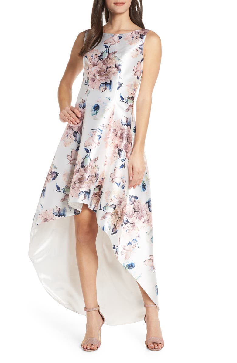 Chi Chi London Winter Floral High/Low Satin Cocktail Dress, Main, color, 