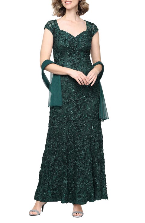 Soutache Sequin Lace A-Line Gown with Wrap