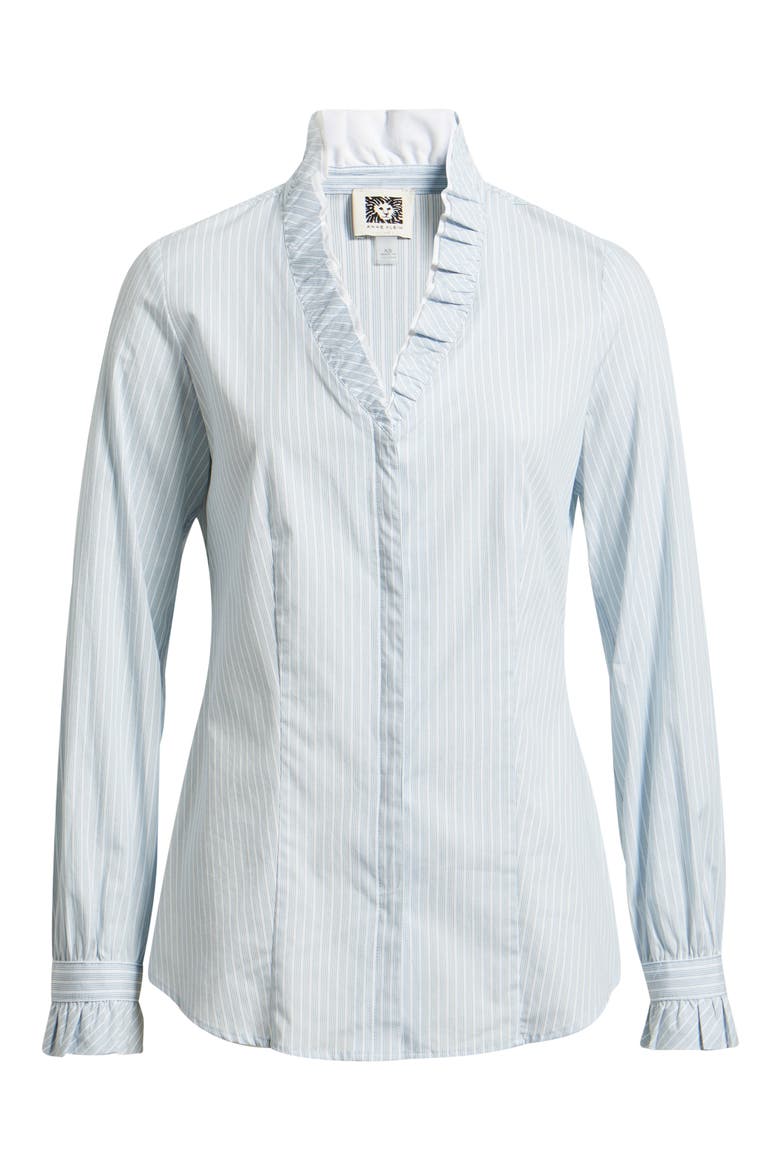 Ruffle Detail Stripe Cotton Button-Up Shirt, Alternate, color, BLUE WASH MULTI