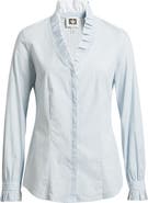 Anne Klein Ruffle Detail Stripe Cotton Button-Up Shirt