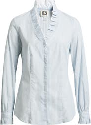 Anne Klein Ruffle Detail Stripe Cotton Button-Up Shirt
