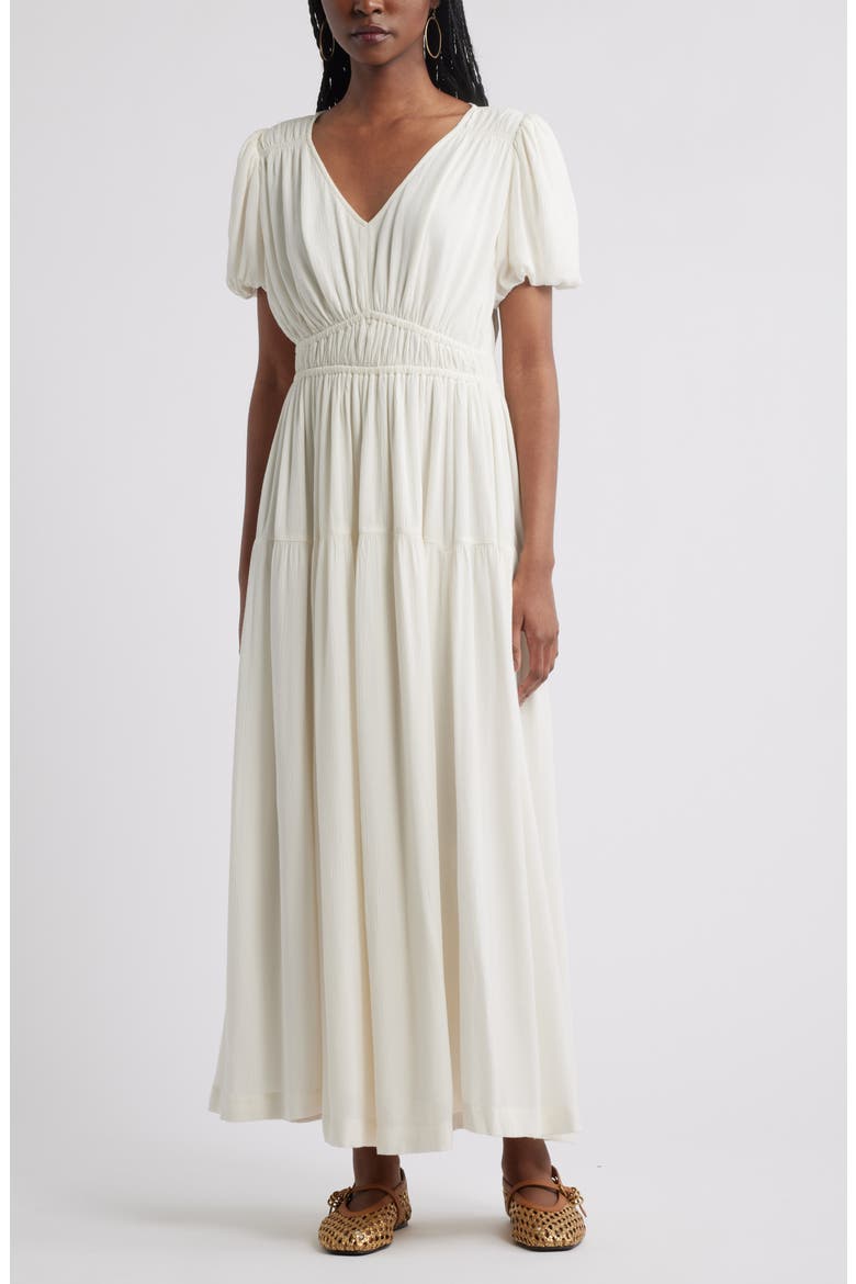 Shirred Puff Sleeve Dress, Main, color, IVORY EGRET