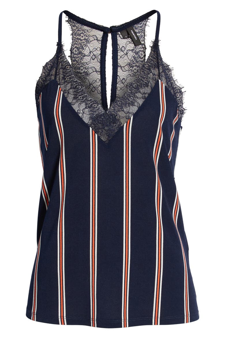 VERA MODA Vmmila Lace Trim Stripe Top, Alternate, color, NIGHT SKY/ STRIPES