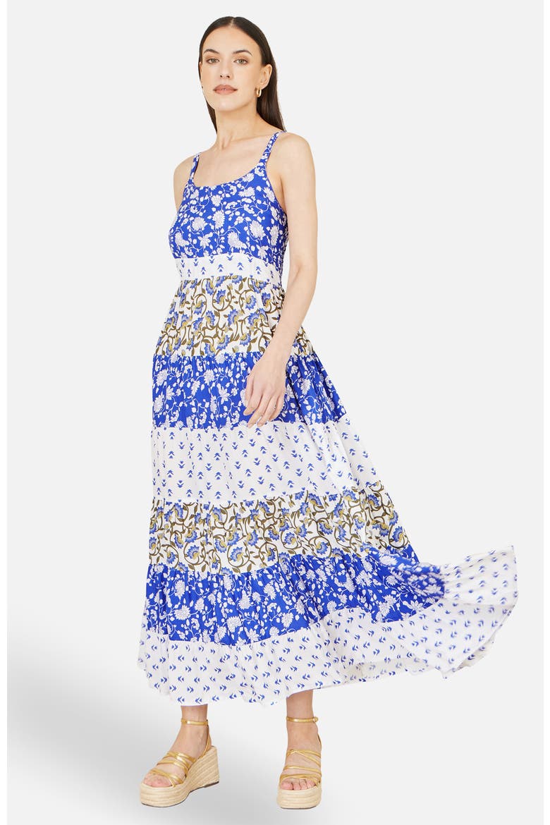Patchwork Print Tiered Maxi Dress, Alternate, color, Blue