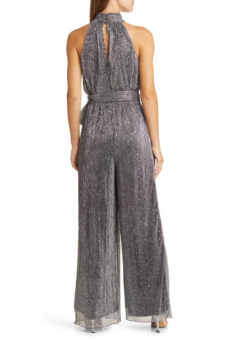 Sequin Metallic Halter Neck Jumpsuit, Alternate, color, SILVER