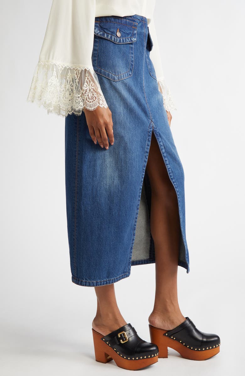 Chloé Front Slit Denim Midi Skirt, Alternate, color, 