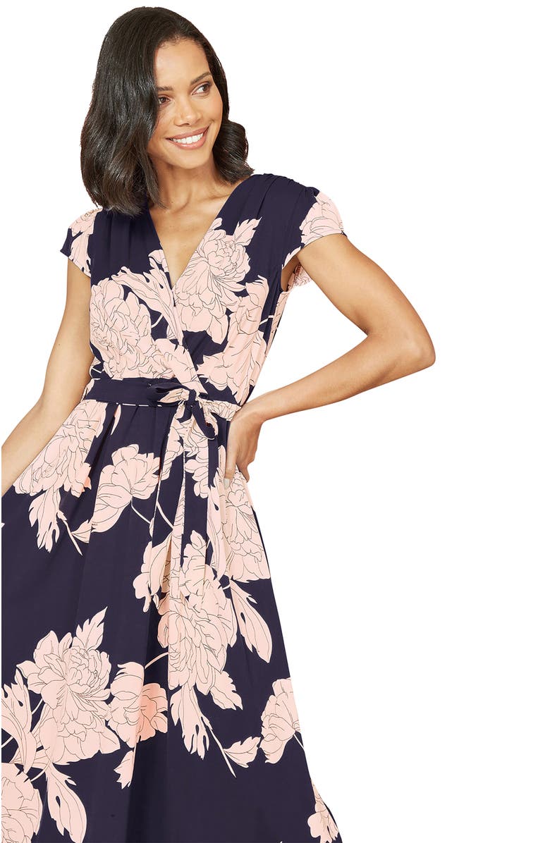 Yumi Blossom Print Dipped Hem Wrap Midi Dress, Alternate, color, Navy
