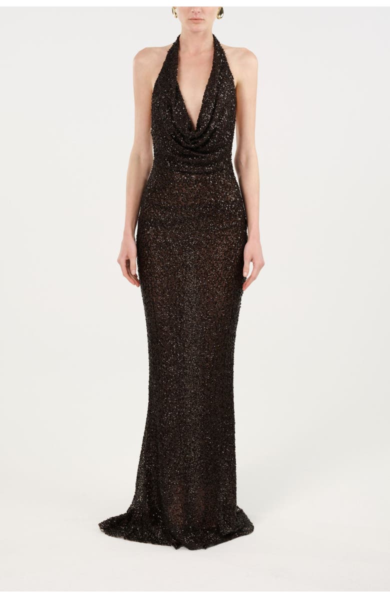 Nocturne Off-Shoulder Sequin Embellished Maxi Dress, Main, color, Brown