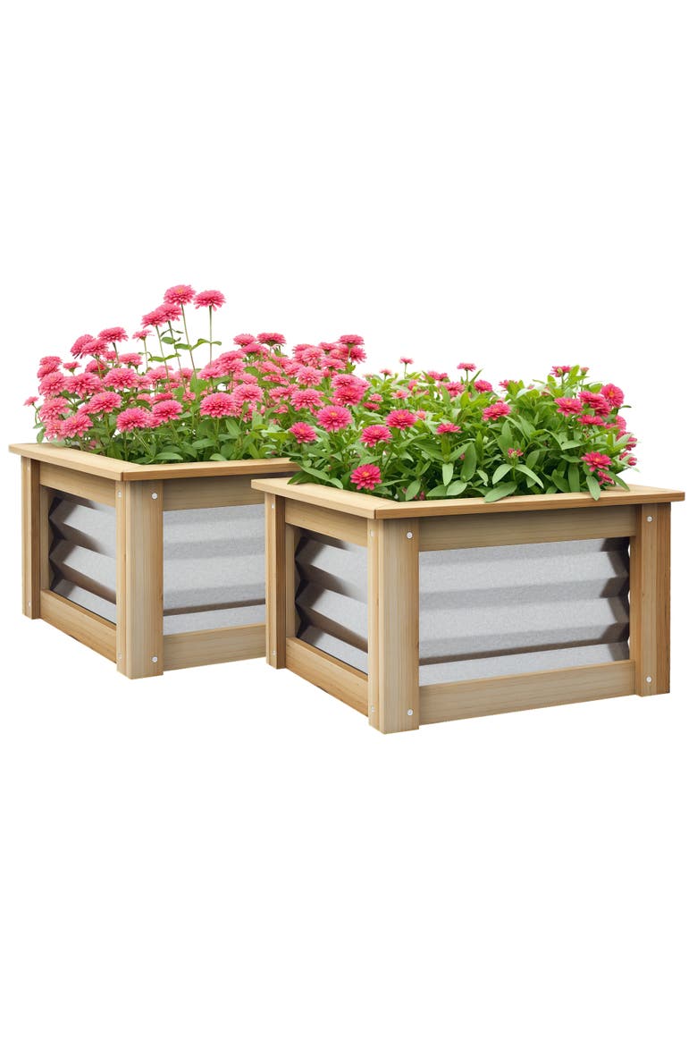 Raised Set of, Stock Tanks for Growing Flowers, Metal Reinforced with Wood, Planters for Plants, Main, color, Natural and Silver
