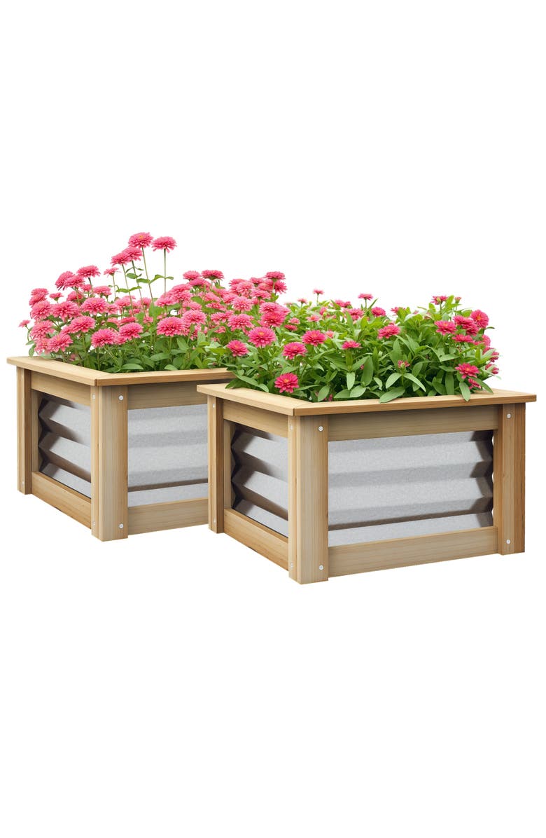 Outsunny Raised Set of, Stock Tanks for Growing Flowers, Metal Reinforced with Wood, Planters for Plants, Main, color, Natural And Silver
