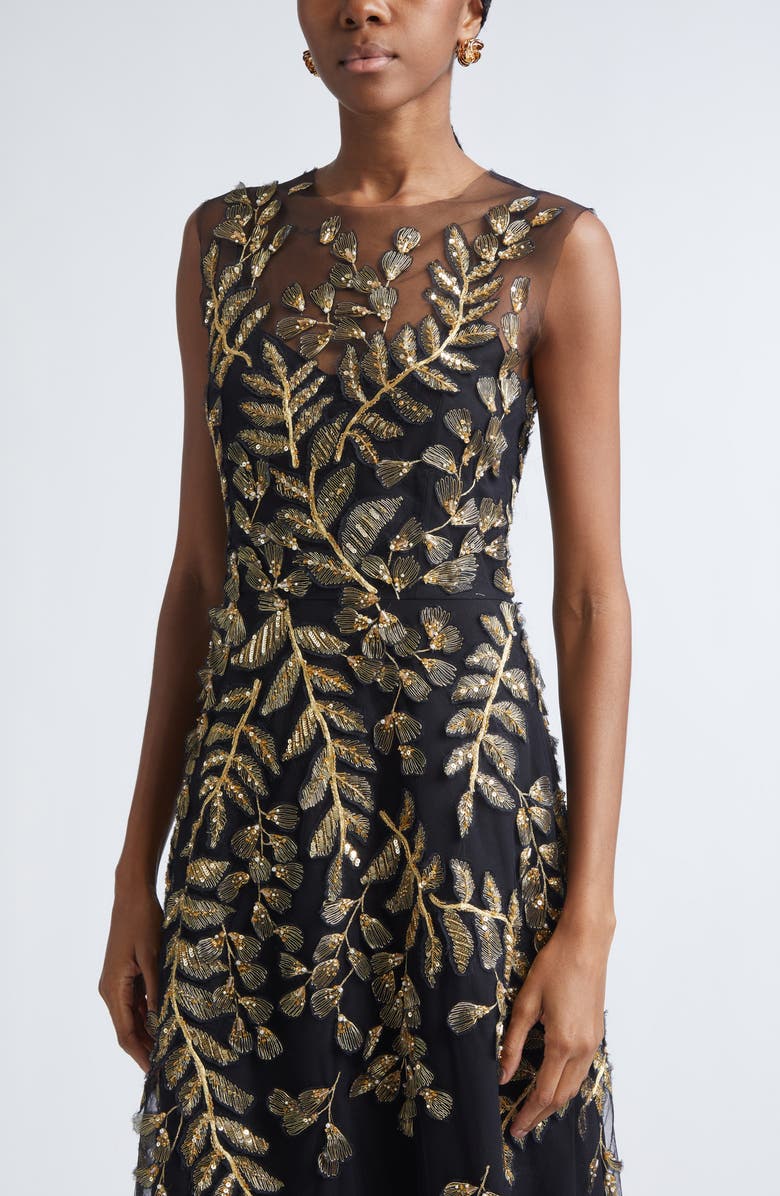 Carolina Herrera Metallic Leaf Embroidered Tulle Gown, Alternate, color, Black/ Gold