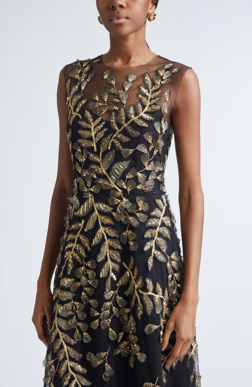 Carolina Herrera Metallic Leaf Embroidered Tulle Gown In Black
