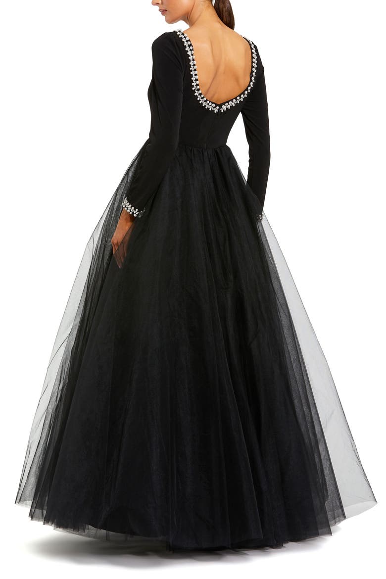 Embellished Jersey Long Sleeve Ballgown With Tulle Skirt, Alternate, color, Black