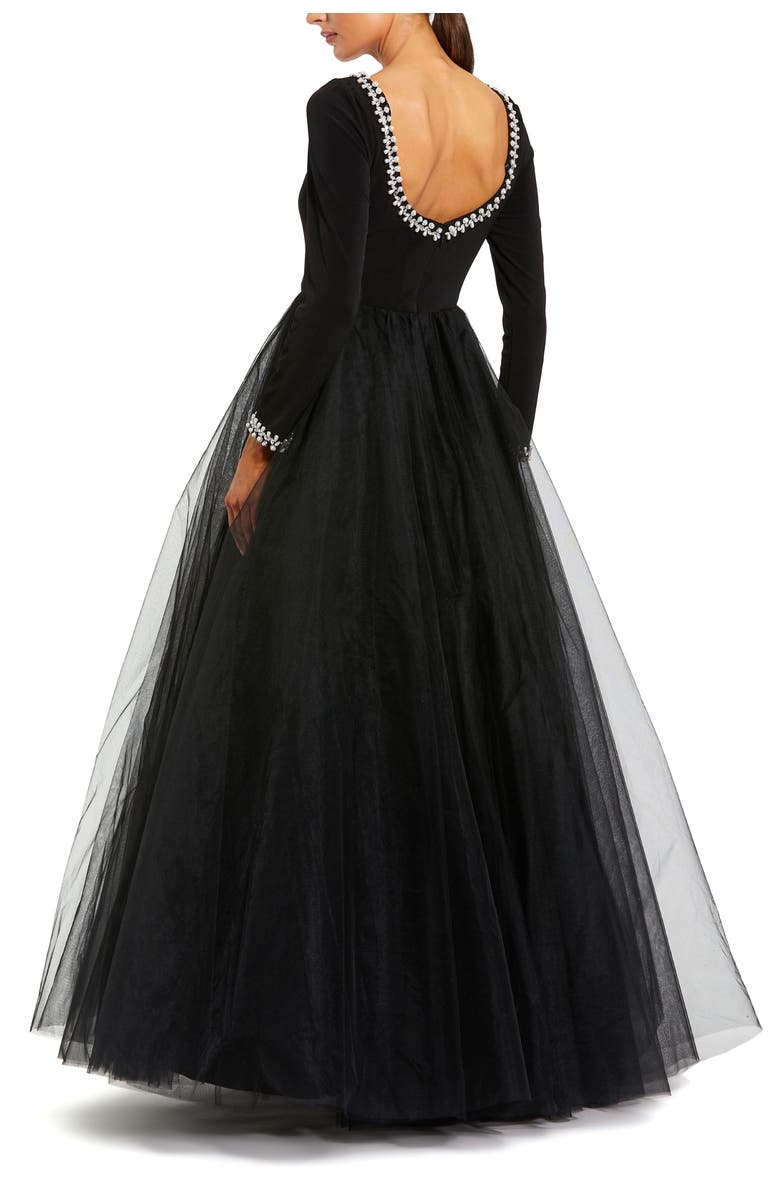 Mac Duggal Embellished Jersey Long Sleeve Ballgown With Tulle Skirt, Alternate, color, Black