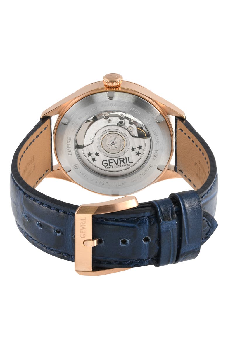 GEVRIL Empire Swiss Automatic Leather Strap Watch, 40mm, Alternate, color, Blue