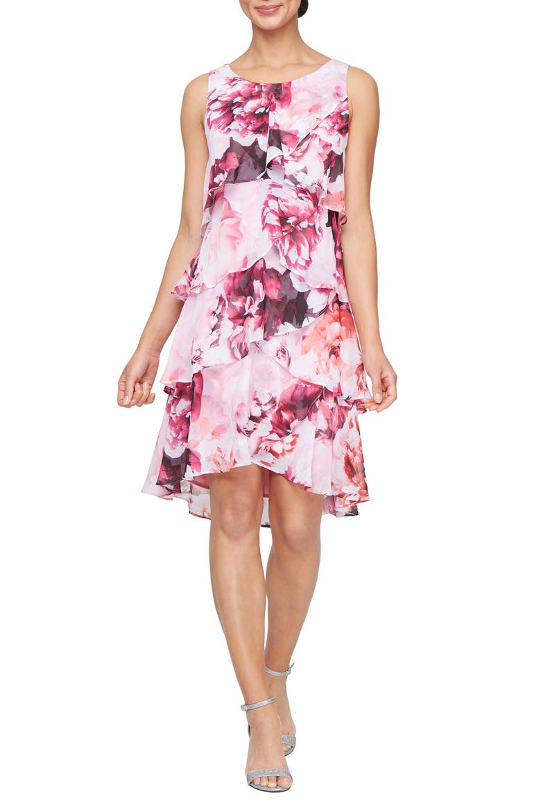 Floral Crossover Tiered Minidress, Main, color, PINK MULTI