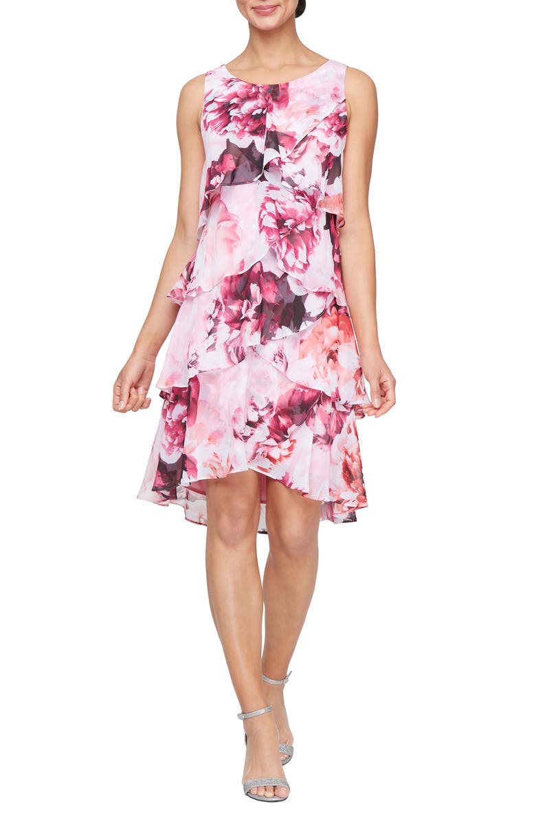 SL FASHIONS Floral Crossover Tiered Minidress, Main, color, Pink Multi