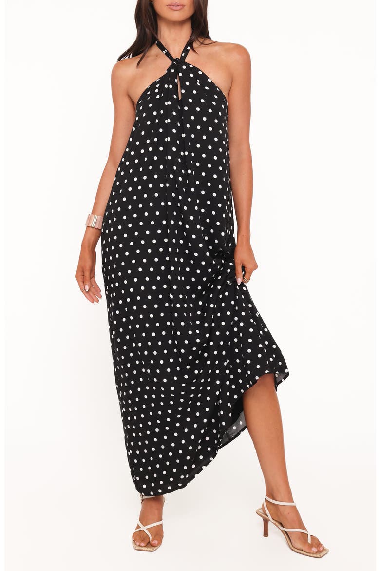 Theophania Dot Sleeveless Halter Maxi Dres, Main, color, BLACK POLKA DOT
