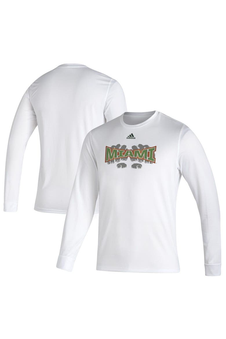 Men's adidas White Miami Hurricanes Touchdown Ring Creator Long Sleeve T-Shirt, Main, color, White