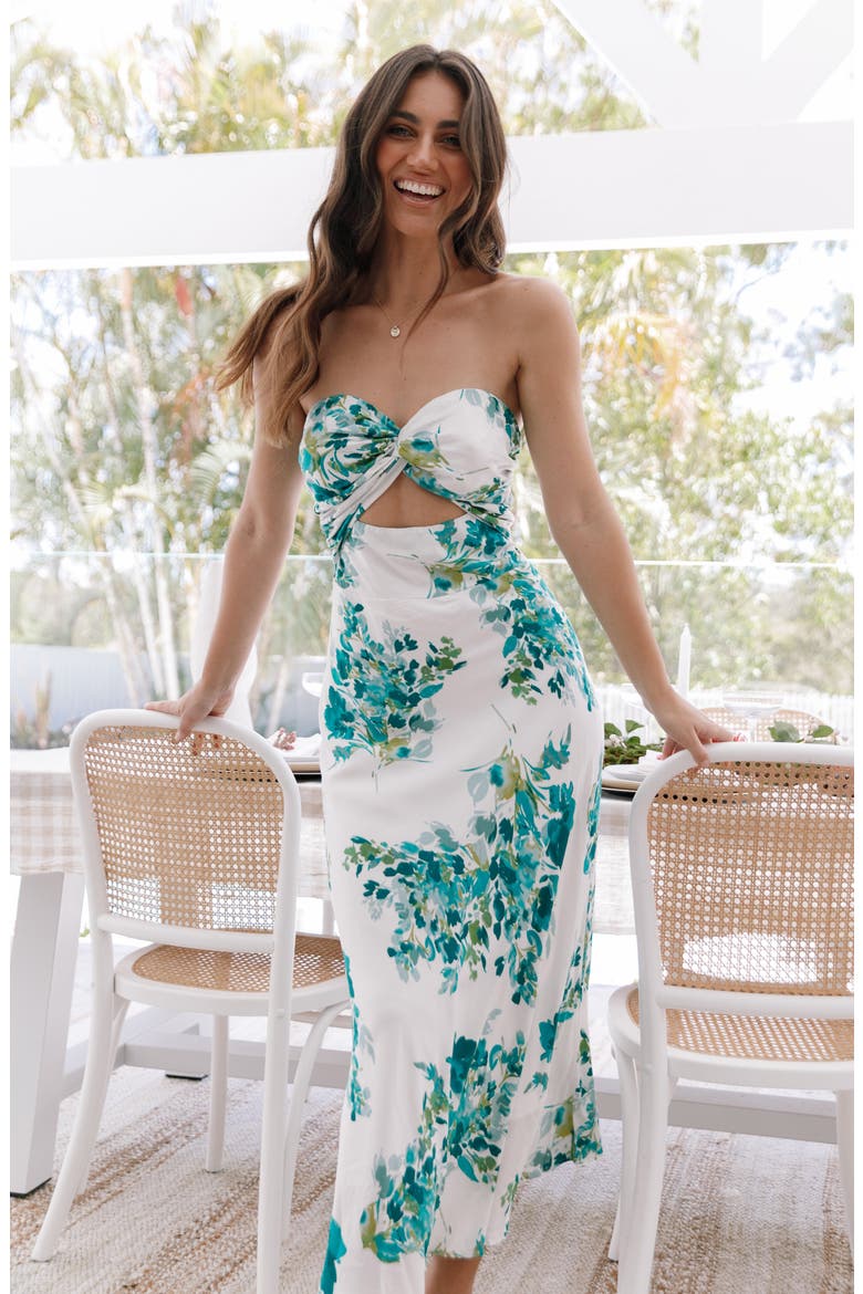 Teagan Floral Print Cutout Strapless Maxi Dress, Alternate, color, GREEN FLORAL