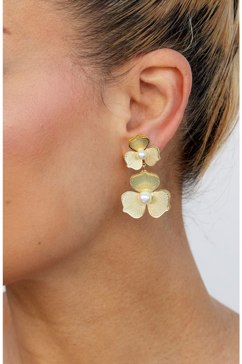 Faux Pearl Mesh Flower Drop Earrings, Alternate, color, YELLOW