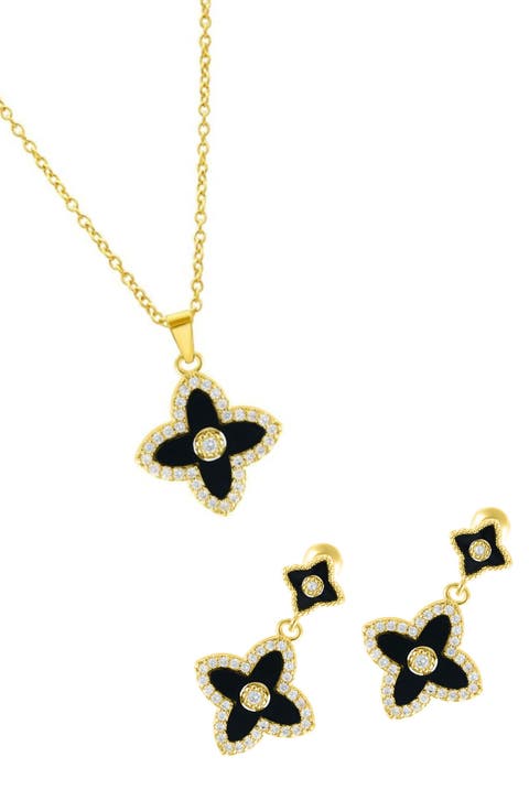 Black Inlay Cubic Zirconia Clover Pendant Necklace & Drop Earrings Set
