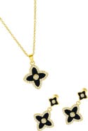 Adornia Black Inlay Cubic Zirconia Clover Pendant Necklace & Drop Earrings Set