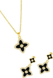 Adornia Black Inlay Cubic Zirconia Clover Pendant Necklace & Drop Earrings Set