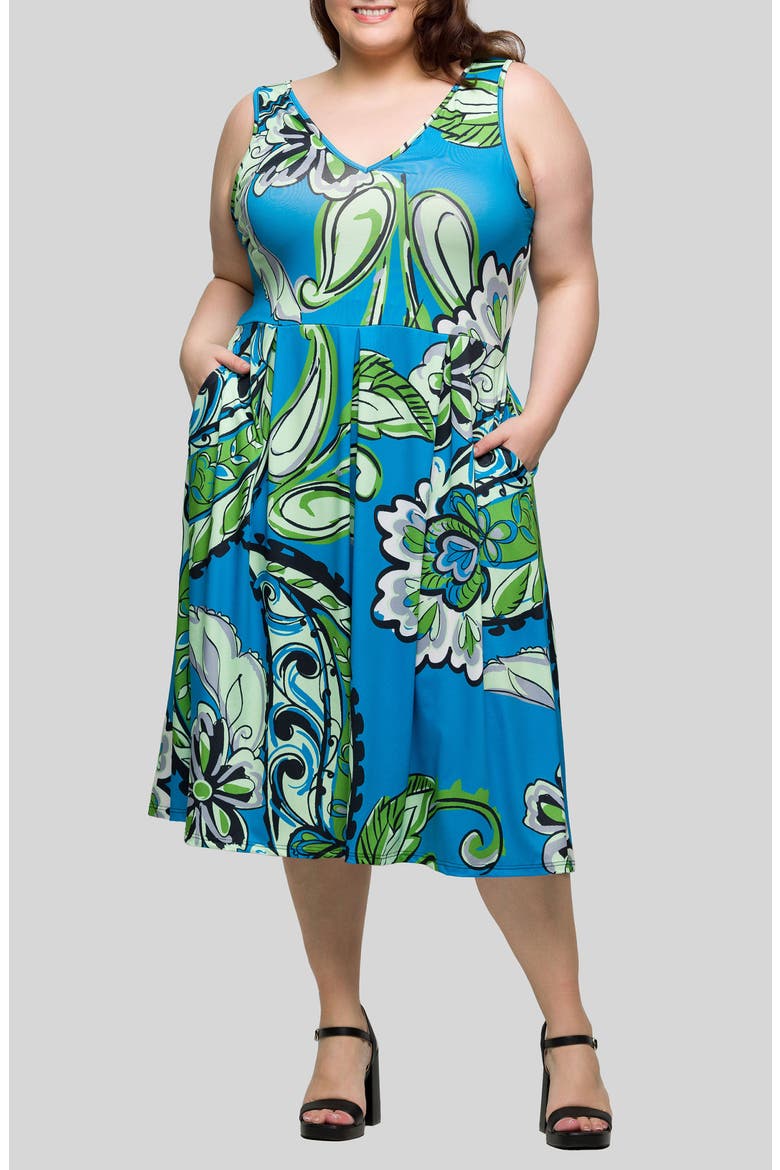 Blue Paisley V-Neck Fit & Flare Dress, Main, color, BLUE MULTI