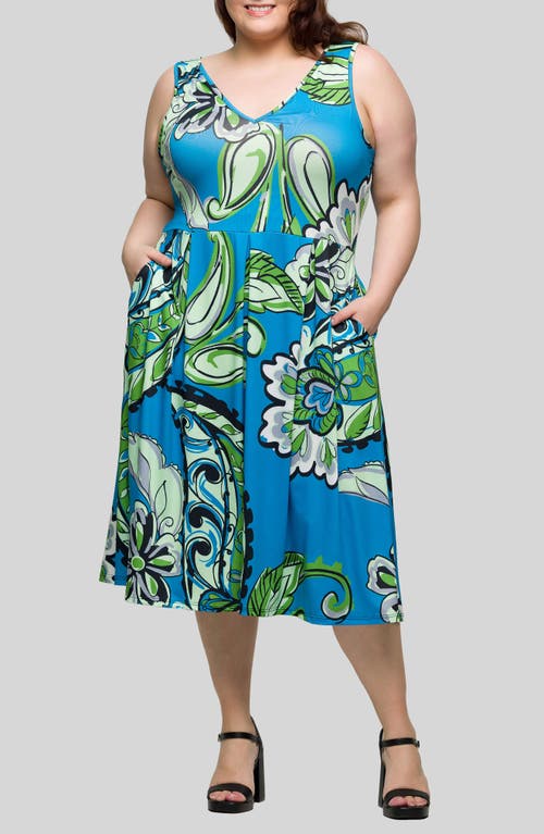 24seven Comfort Apparel Plus Size Midi Length Print Sleeveless Pleated Pocket Dress In Blue Multi