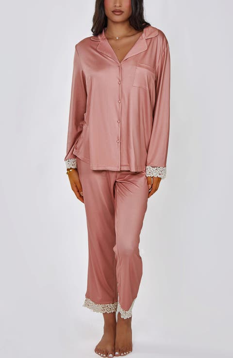 Lace-Trimmed Brushed Knit Pajama Set