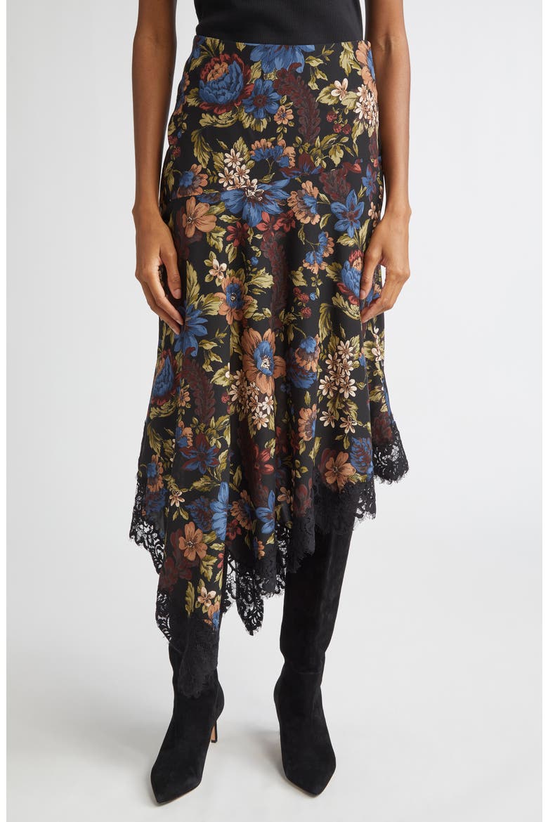 Rosemary Floral Asymmetric Hem Stretch Silk Skirt, Main, color, BLACK MULTI