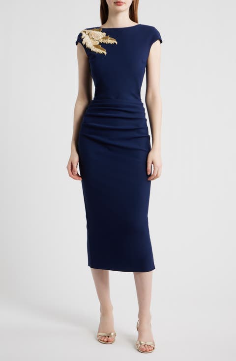 Metallic Feather Detail Cocktail Sheath Dress