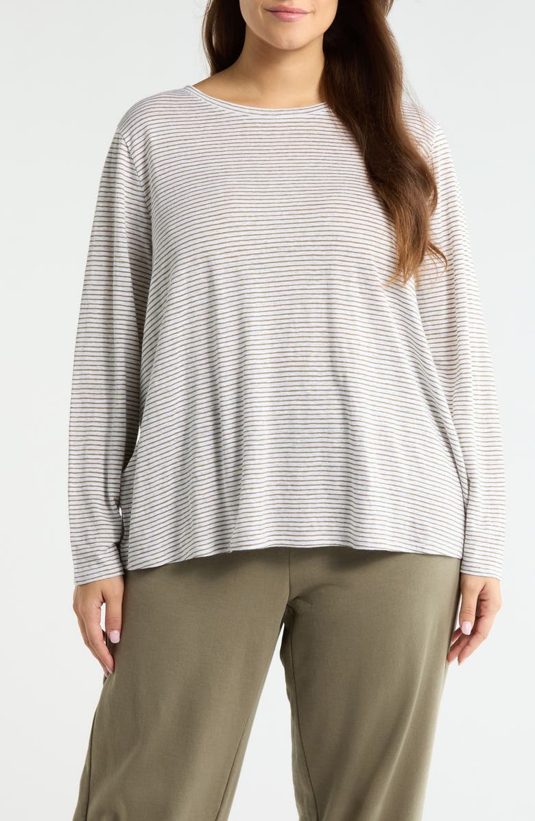Eileen Fisher Stripe Long Sleeve Organic Linen T-Shirt, Main, color, Bay Leaf