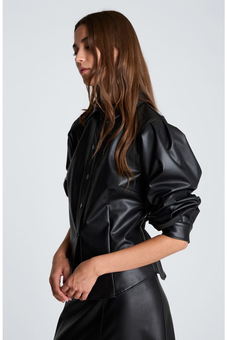 Pleated Faux Leather Snap Front Top, Alternate, color, BLACK