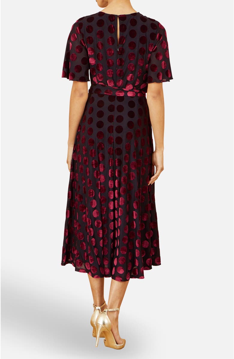 Yumi Velour Spot Midi Skater Dress, Alternate, color, Burgundy