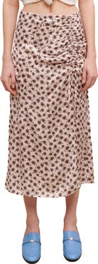 maje Jalita Palm Tree Print Ruched Satin Skirt