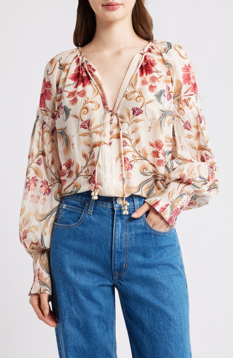 FARM Rio Royal Garden Print Cotton Peasant Top, Main, color, Sand