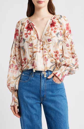 Royal Garden Print Cotton Peasant Top