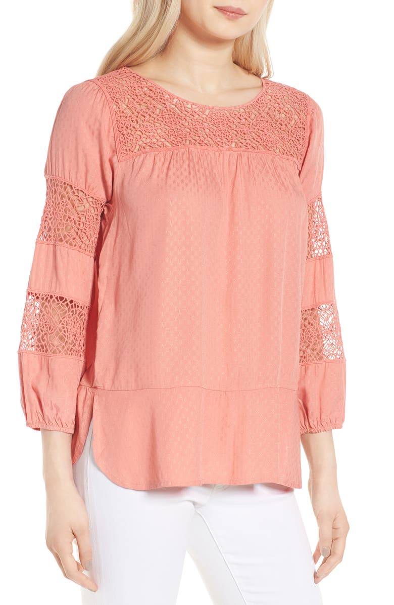 Wit & Wisdom Lace & Jacquard Peasant Blouse, Main, color, 