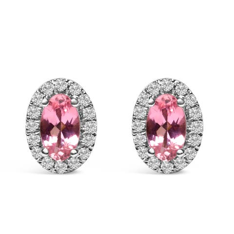 10K White Gold 5x3 MM Oval Cut Birthstone and Diamond Halo Stud Earrings