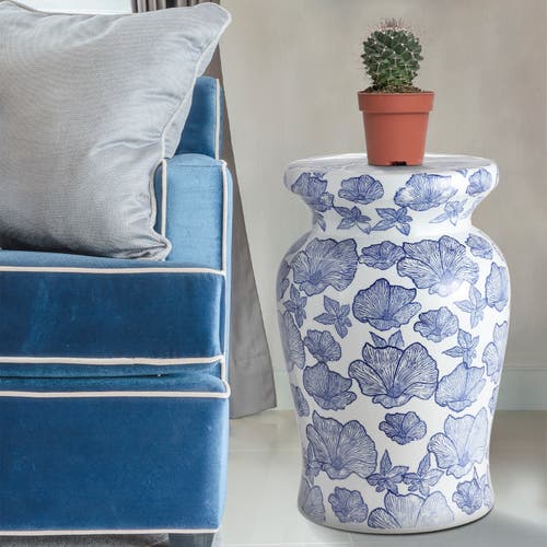 Jonathan Y Poppies 17.7" Ceramic Garden Stool In White/blue