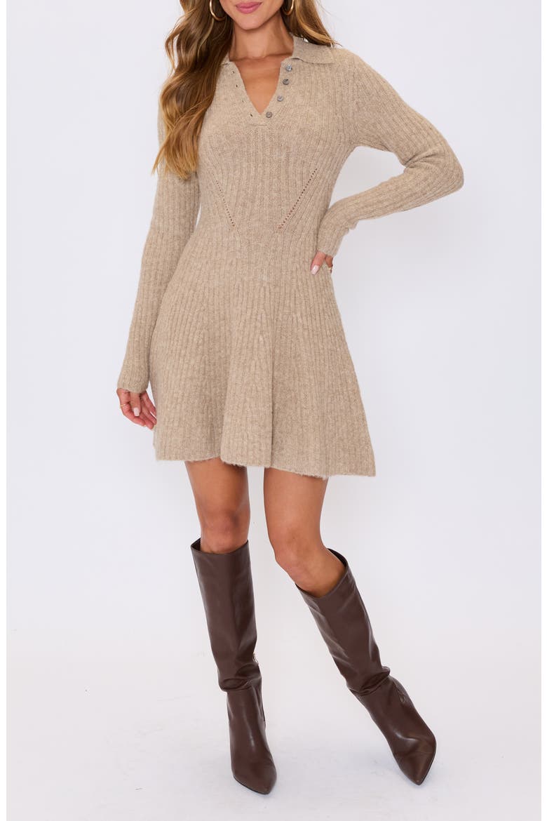 Ember Long Sleeve Fit & Flare Sweater Minidress, Main, color, CAMEL