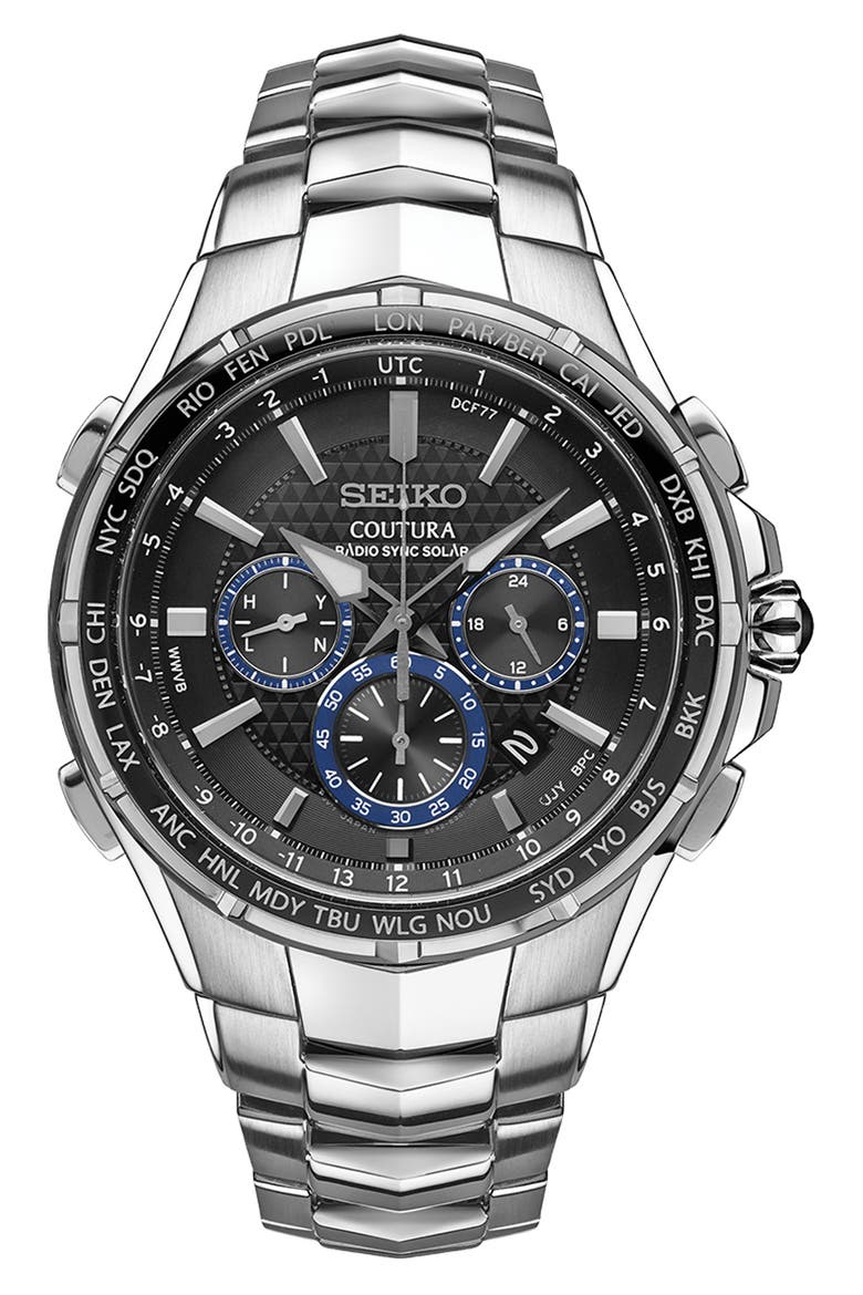 Coutura Radio Sync Solar World Time Chronograph Bracelet Watch, 44.5mm, Main, color, BLACK