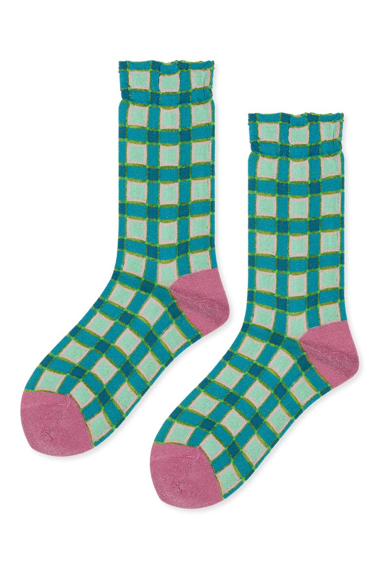 Esther Metallic Plaid Crew Socks, Alternate, color, TURQUOISE