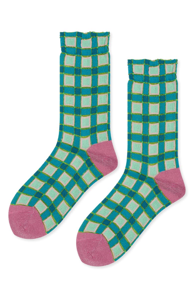 Hansel From Basel Esther Metallic Plaid Crew Socks, Alternate, color, Turquoise